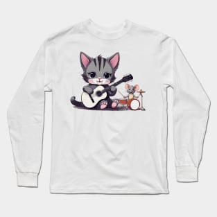 cute kitten playing the guitar with a cute little mouse playing the drum Long Sleeve T-Shirt